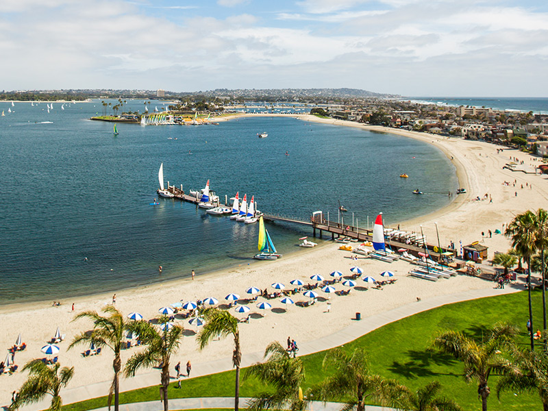 A beach with palm trees, sand, and boats in the water